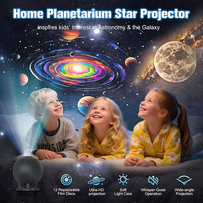 Galaxy Star Projector Night Light, 12 Film Discs, Ultra HD Projection, Whisper-Quiet, USB Powered, Auto Shut-Off