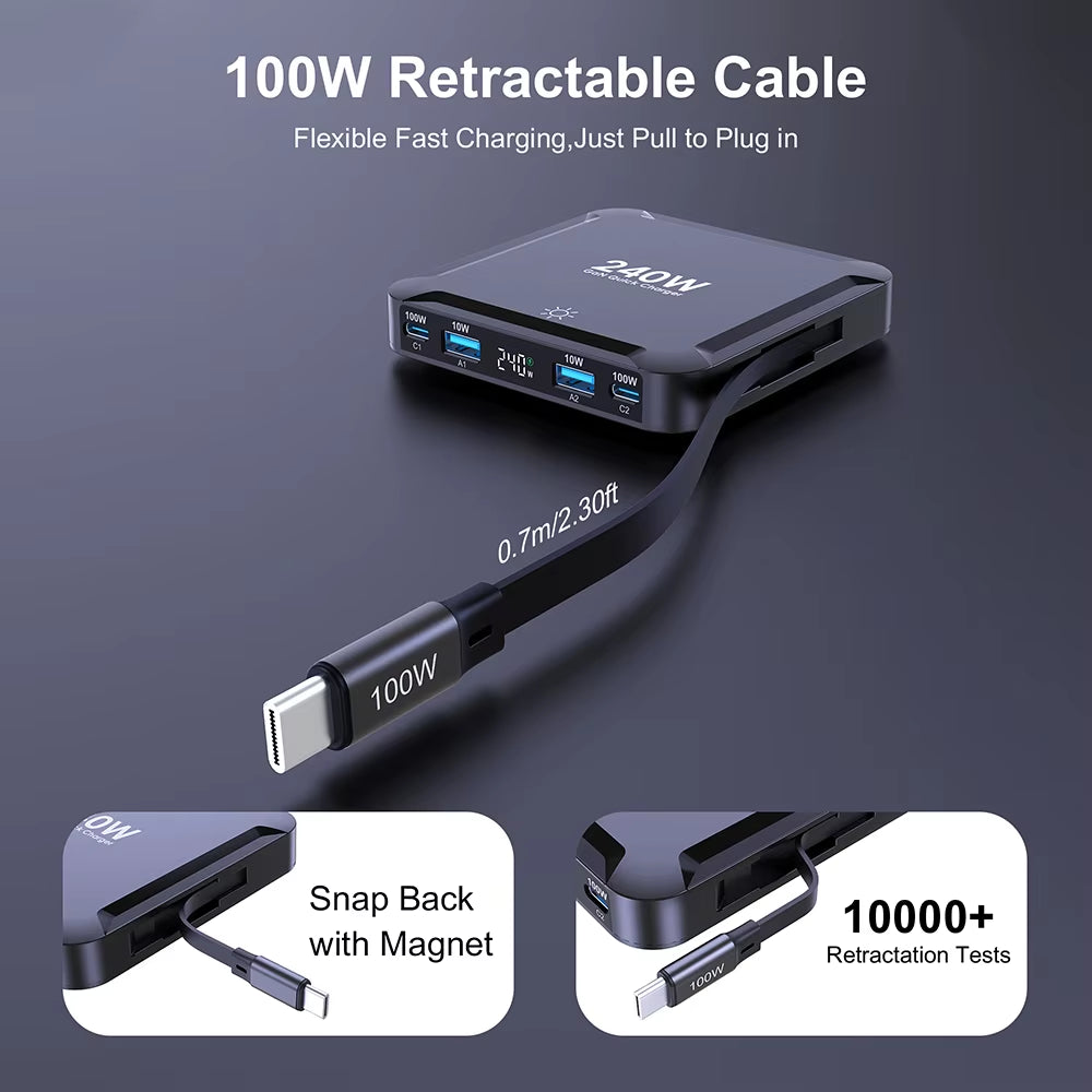 Stazione di ricarica 240W GaN con cavo retrattile