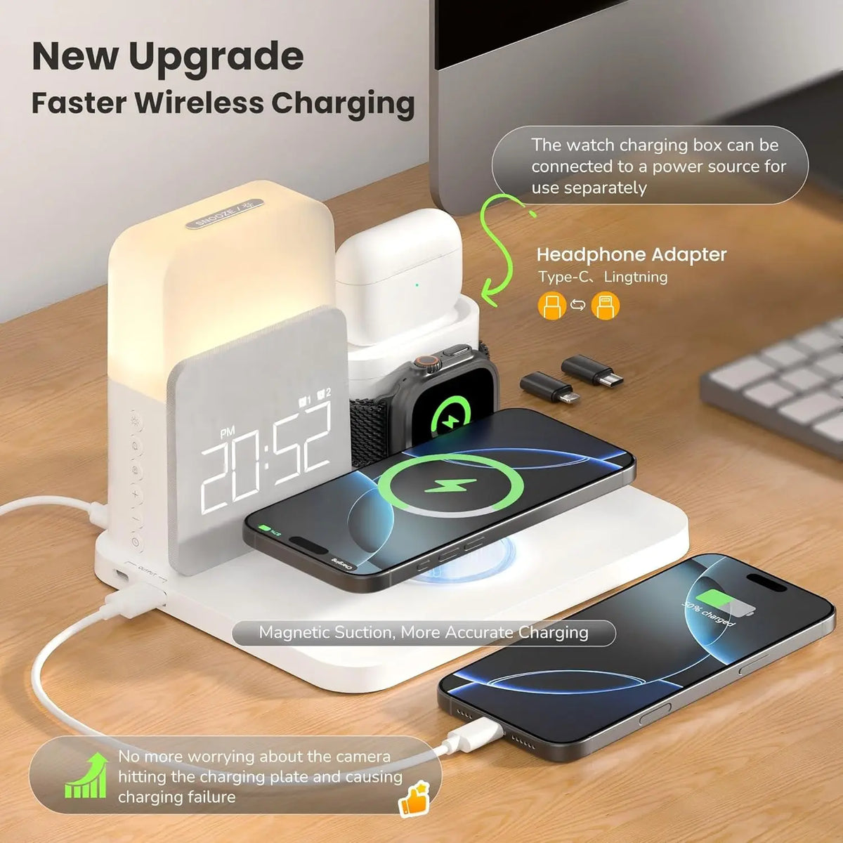 7-In-1 Magsafe Alarm Clock Charger-Wireless Station for Iphone 12-16/Samsung/Xiaomi/Huawei/Apple Watch/Airpods with Night Light