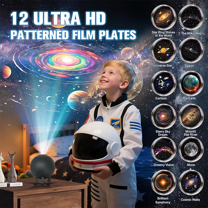 Galaxy Star Projector Night Light, 12 Film Discs, Ultra HD Projection, Whisper-Quiet, USB Powered, Auto Shut-Off
