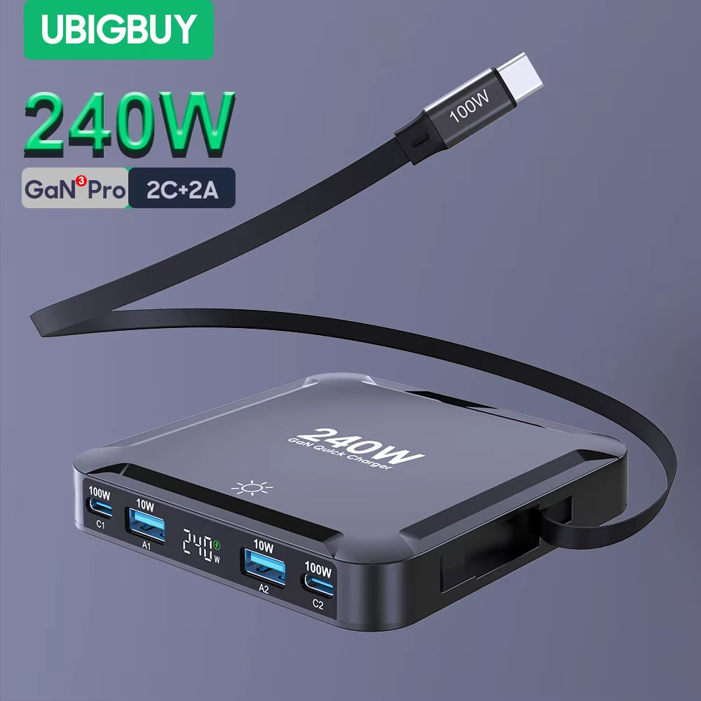 Stazione di ricarica 240W GaN con cavo retrattile